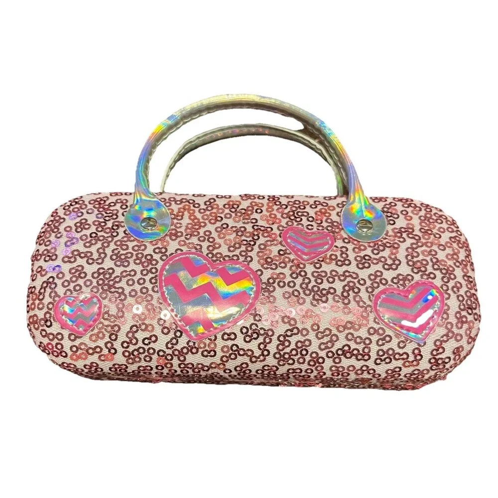 Barbie Pink Sequin Hard Shell Eyeglasses Case Purse Kids Holographic Hearts